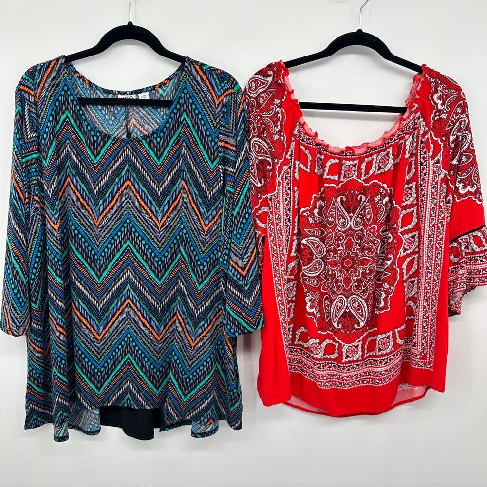 Cato Chevron Paisley Tops‎ Plus Size  22 24 Set of Two 3/4 Sleeves Blouse Shirt
